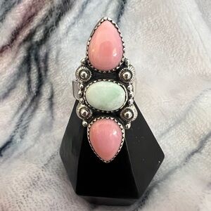 ❤️ Queen Pink Conch & Paloma Turquoise Navajo 8.25 Adjustable Ring 11.7gm